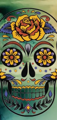 This phone live wallpaper features a beautiful painting of a rose-adorned skull, done in a vibrant, psychedelic art style with eye-catching green and yellow tones