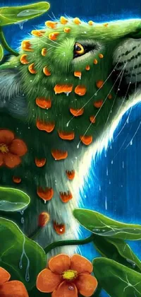 This live wallpaper for your phone features a beautiful and intricate painting of a fantastical cat in the rain