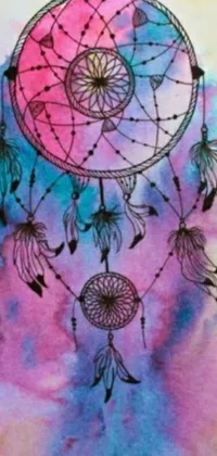 This dreamy phone live wallpaper showcases a stunning pink and blue watercolor dream catcher drawing