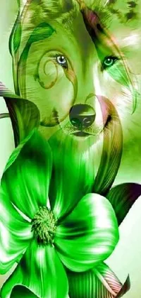 This beautiful phone wallpaper features a vibrant digital painting of a dog holding a colorful flower, set against a backdrop of flowing green liquid