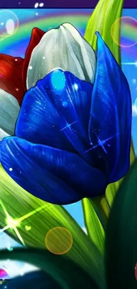This phone live wallpaper showcases a close-up of a blue flower with a rainbow in the background, created in a digital painting style