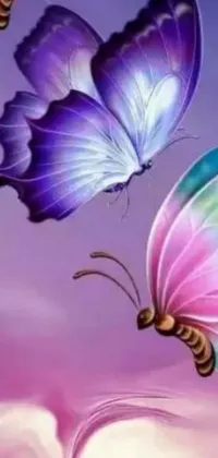 This stunning phone live wallpaper showcases three elegant butterflies in shades of purple and blue, flying against a picturesque blue sky
