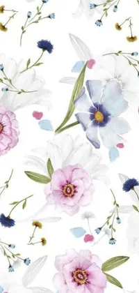 This live wallpaper displays a serene white background filled with delicate pink and blue flowers