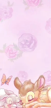 This live wallpaper features a charming scene of two animals, a piglet and possibly a bunny or a kitten, lounging on a bed surrounded by a vibrant pastel flowery background