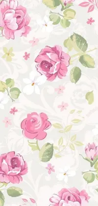 This live wallpaper features a stunning floral design, with delicate pink roses and lush green leaves set against a light grey background