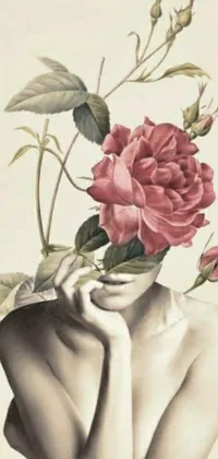 This stunning live wallpaper boasts a beautiful digital art image of a woman holding a rose in front of her face with flowers sprouting from her body