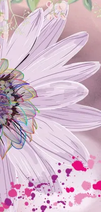 This phone live wallpaper showcases a highly detailed digital painting of a giant daisy flower head against a pink background