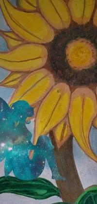 This live wallpaper is a stunning piece of artwork featuring a sunflower and blue flower set against a tumblr-inspired, metaphysical painting of the cosmos
