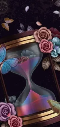 Add a touch of whimsy to your phone's home screen with this stunning live wallpaper! Featuring a captivating close-up of a clock, complete with intricate floral detailing and fluttering butterflies, this piece is a digital painting rendered in a psychedelic art style