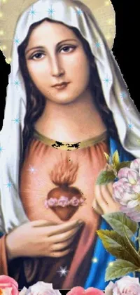 This live wallpaper depicts the Virgin Mary holding a heart, surrounded by vibrant roses and flowers