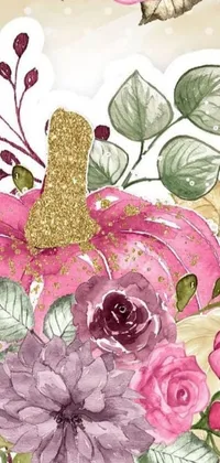 This phone live wallpaper features a warm, autumnal watercolor painting of a pumpkin and flowers