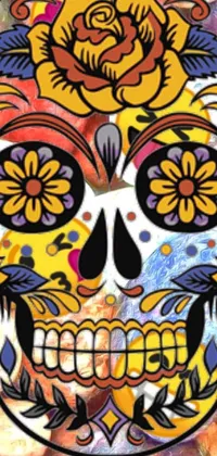 This colorful phone live wallpaper depicts a vibrant digital painting of a skull adorned with flowers in the toyism style, perfect for iPhone users seeking a bold and eye-catching background