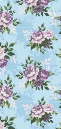 This phone live wallpaper is a stunning vintage design featuring a pattern of purple flowers on a soft blue background