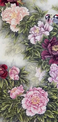 This phone wallpaper showcases a beautiful painting of peonies and a bird perched on a branch