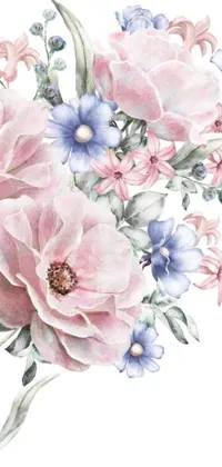 This beautiful live wallpaper features a bouquet of pink and blue flowers painted in watercolor style on a white background