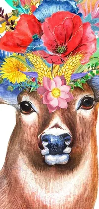 This live phone wallpaper features a watercolor painting of a colorful deer adorned with a flower crown that exudes a cowgirl vibe