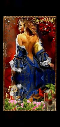 This lively phone wallpaper depicts a beautiful painting of a woman in a blue dress, embellished with golden corset and intricate details that stand out vividly on digital