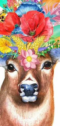 This live wallpaper for your phone features a beautiful watercolor painting of a deer wearing a flower crown