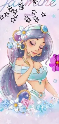 This phone live wallpaper features a charming cartoon girl adorned with a flower in her hair, dressed in a soft white gown, and with mesmerizing purple eyes