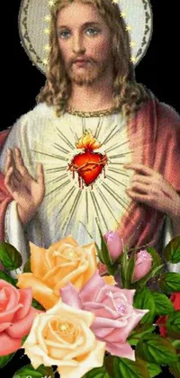 This lovely live wallpaper showcases a serene painting of Jesus holding a heart surrounded by exquisite roses