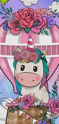 Enjoy the charming vision of a cartoon unicorn in a hot air balloon with this vivid phone live wallpaper
