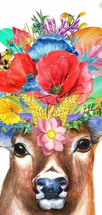 This stunning phone live wallpaper features a colorful watercolor painting of a deer wearing a whimsical hat