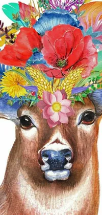 This stunning phone live wallpaper features a watercolor painting of a deer adorned with a flower crown