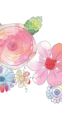 Looking for a stunning and vibrant live wallpaper for your phone? Look no further than this beautiful image of colorful flowers on a soft rose background! The intricate design features detailed watercolor petals and leaves in shades of pink, purple, blue, and yellow, along with delicate pen lines that create a unique artistic effect