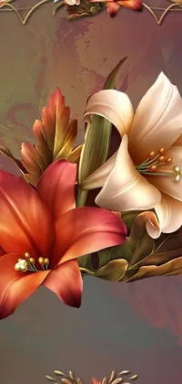 This phone live wallpaper features a stunning digital painting of colorful lilies sitting on a table