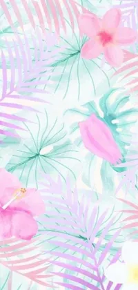 This enchanting live wallpaper for phones features a vibrant watercolor painting of tropical leaves and flowers in shades of pink, white, and turquoise