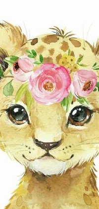 This live wallpaper creates a charming and playful mood with a watercolor painting of a baby lion donning a lovely floral headpiece