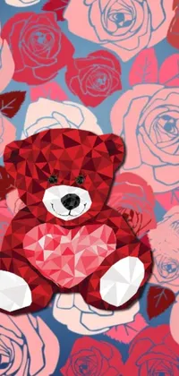 This phone live wallpaper showcases a delightful red teddy bear sitting on a bed of roses