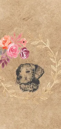 This charming <a href="/">phone live wallpaper</a> features a sweet black and white dog surrounded by beautiful flowers, placed against a rustic burlap background