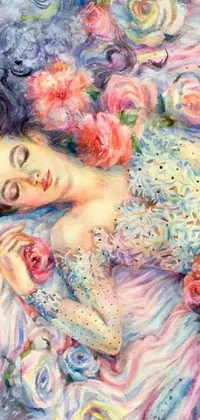 This phone live wallpaper features a highly-detailed oil painting of a charming woman laying on a bed of flowers