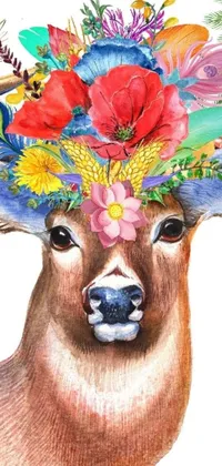 This phone live wallpaper features a stunning digital watercolor painting of a deer with a floral hat