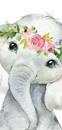 This phone wallpaper showcases a watercolor painting of an elephant donning a flower crown