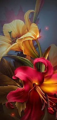This phone live wallpaper features a stunning digital art of lovely lily flowers in yellow and red hues arranged on top of a table