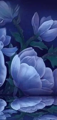 This live phone wallpaper showcases a stunning painting of blue flowers against a black background
