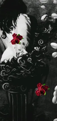 This live wallpaper showcases a captivating black and white photograph of a woman surrounded by roses, transformed into digital artwork with a gothic flair