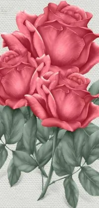 This stunning live phone wallpaper features a high-resolution digital rendering of a pink rose bouquet, complete with delicate green leaves, dual-tone payne's grey and venetian red, and realistic lifelike detail