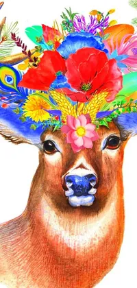 Looking for a lively phone wallpaper? Look no further than this enchanting live wallpaper depicting a beautiful deer with colorful flowers adorning its antlers