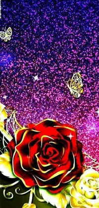 Get ready to be mesmerized by this gorgeous phone live wallpaper! It features a stunning red rose placed on a purple and gold background that boasts digital art