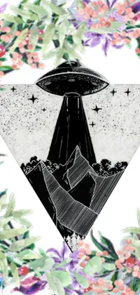 This live phone wallpaper features a black and white drawing of a flying saucer, inspired by fantastical internet art