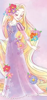 This phone live wallpaper depicts a storybook illustration of a princess with long blonde hair and large eyes, wearing a flowing pink dress