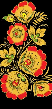 This live wallpaper features a stunning painting of flowers against a black background, inspired by vintage folk art