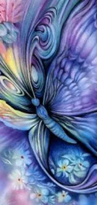 This phone live wallpaper depicts a psychedelic airbrush painting of a butterfly in vibrant blue and violet colors