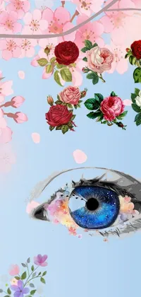 This whimsical phone live wallpaper boasts a mesmerizing close-up of a colorful eye, surrounded by various intricately detailed flowers