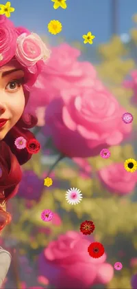 This stunning phone live wallpaper shows a doll surrounded by a beautiful field of flowers