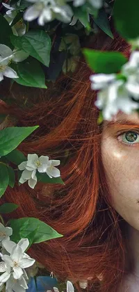 This phone live wallpaper is a beautiful digital art piece featuring a cute, young redhead girl with white freckles and sad green eyes