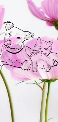 This live wallpaper for phones showcases a colorful drawing of an adorable dog and a curious kitty seated on a vibrant flower